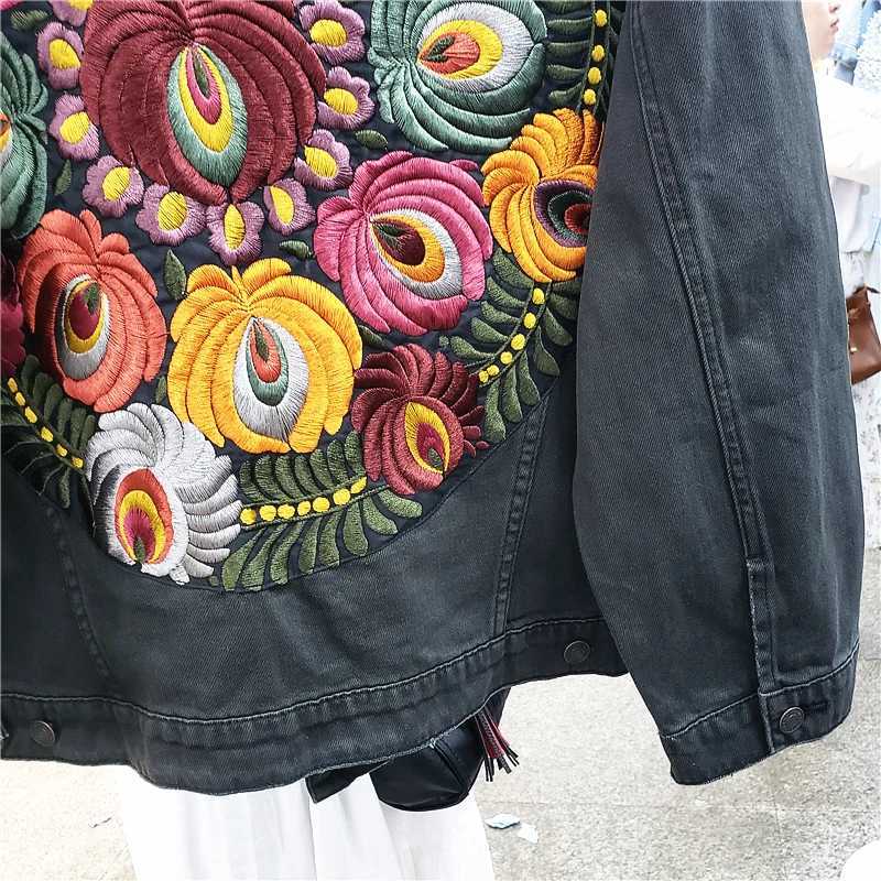 Vintage Oversized Multi Floral Embroidered Denim Jacket Women Cowboy Long Sleeve Lapel Casual Denim Coat Streetwear OutwearX240920