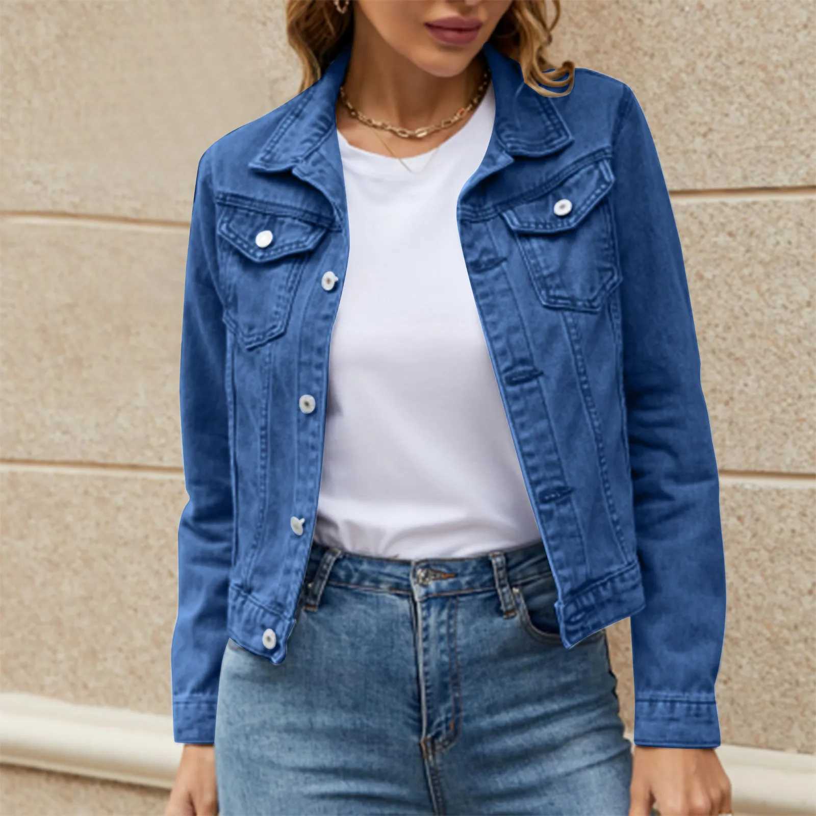 Denim Cropped Jacket Women Solid Color Long Sleeve Lapel Single Breasted Short Jeans Coat With Pocket y2k Retro Street OuterwearX240920