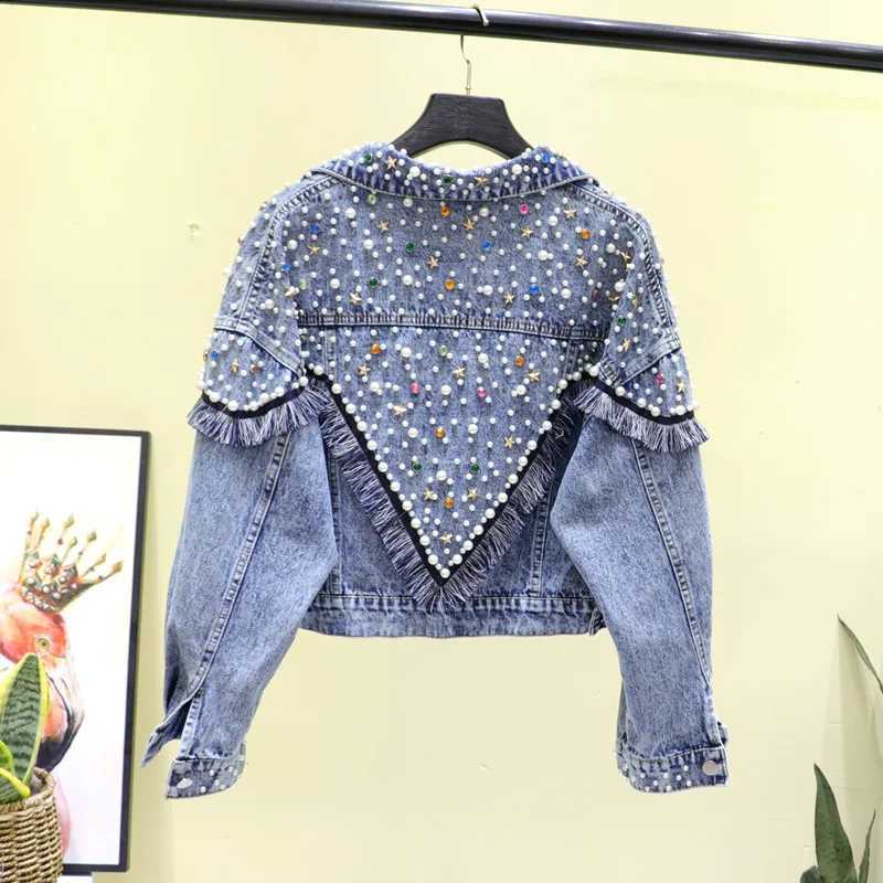 Fashion Multicolor Diamonds Beading Denim Jacket Women Spring Loose Short Black Blue Outerwear Big Pocket Jeans Jackets FemaleX240920