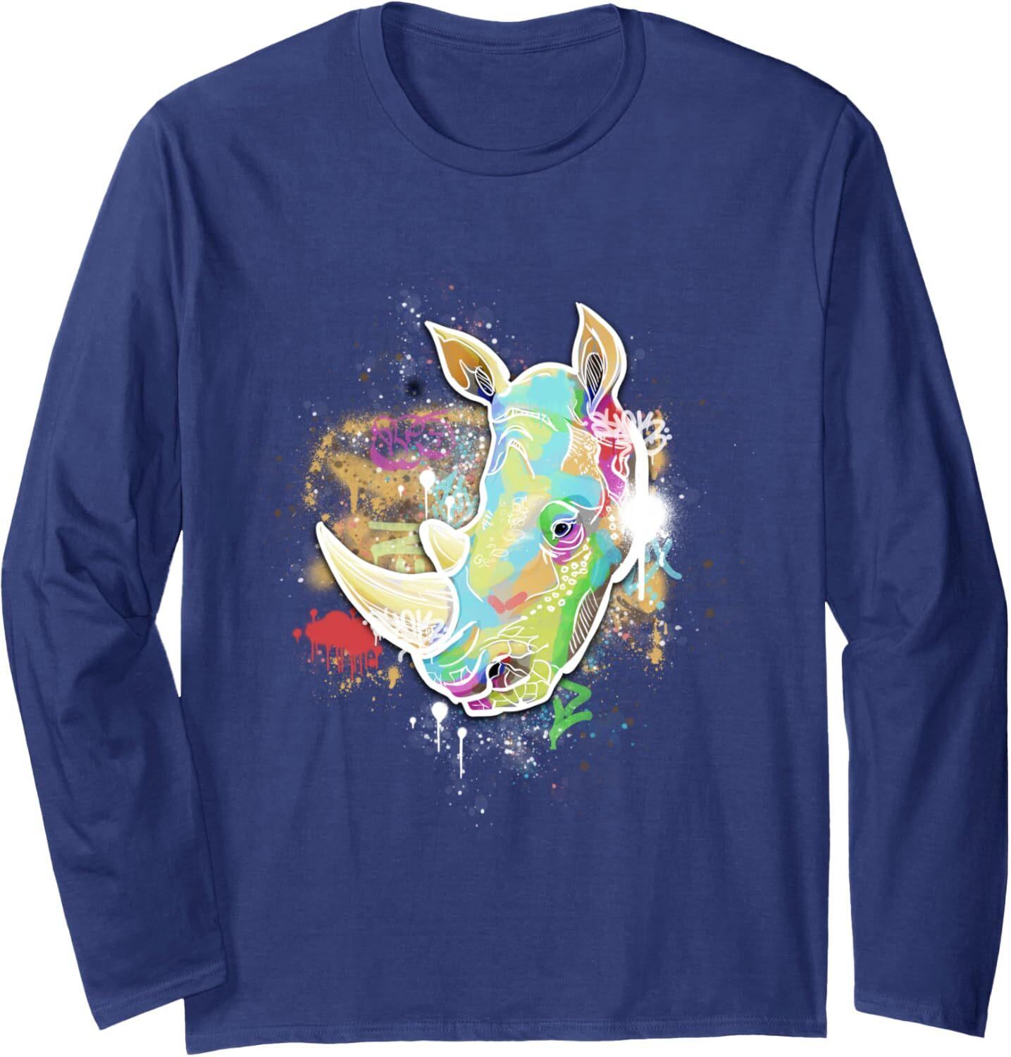 Long Sleeve Shirts for Men sweatshirt Cool, funny, colorful animal with horn Rhinoceros Long Sleeve Tee Streetwear Casual tops clothes