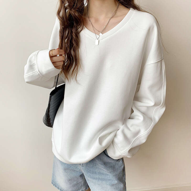Hallowmas Oversize Hoodie for Women in Spring Autumn Thin Style 2024 New Item V-neck Loose and Lazy Style Solid Color Long Sleeved Pullover Top Autumn