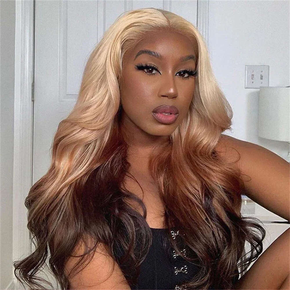 13X4 Ombre Colored Straight Brown Blonde 613 Roots With Black Ends Synthetic Glueless Lace Wig Cosplay Wigs