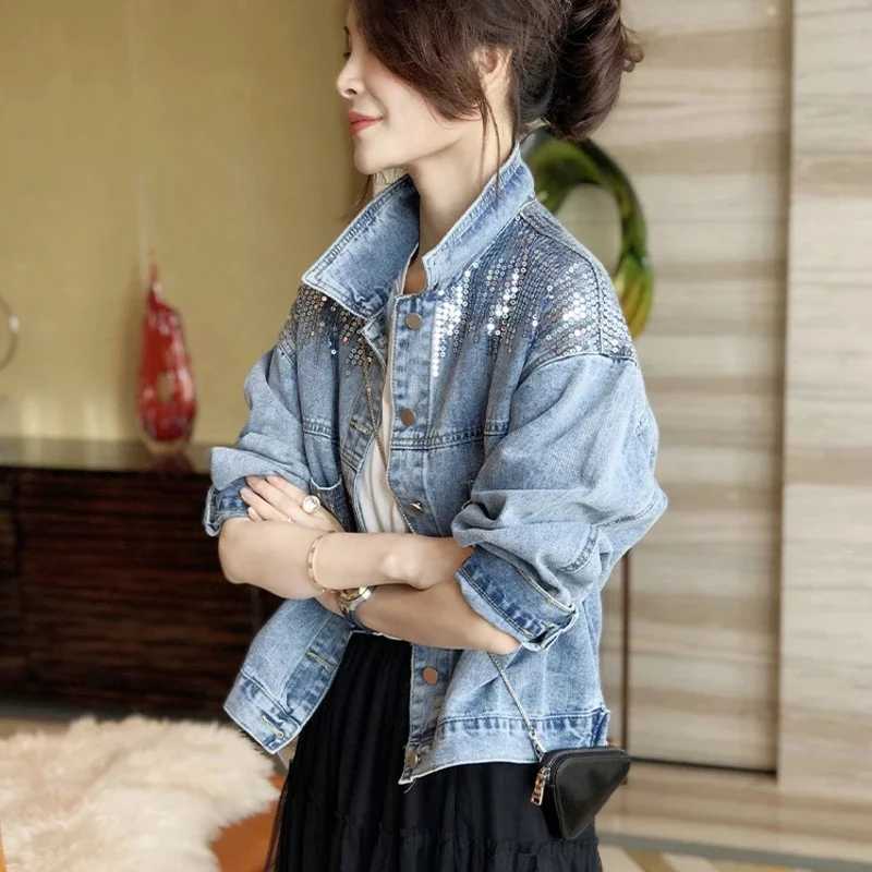 Spring Autumn new women sequin short denim jacket fashion pocket Cowboy Outwear loose Long sleeve jeans coat female tide R341X240920