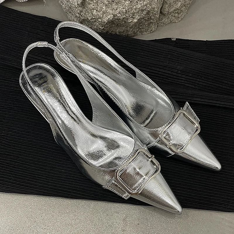 Fashion Metal Silver Womens Shoes with Low Lace Slide Corner Lace Womens Shoe Buckle Womens Strap Sandals 240919