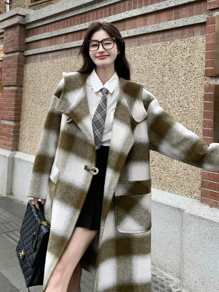 MiiiX French style retro plain woolen coat womens coat autumn and winter loose thick long jacket womens clothing 240920
