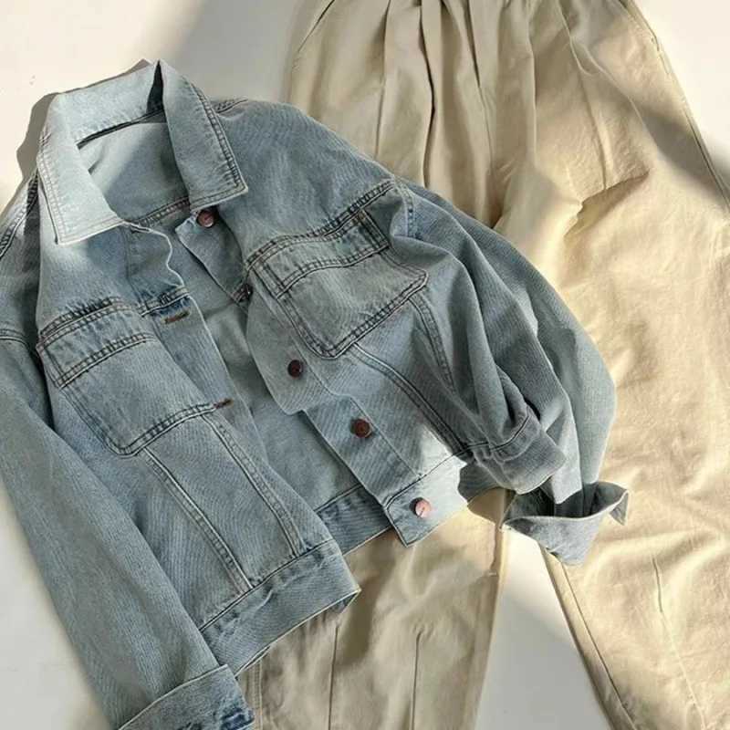 New Ins Korean Wash Cotton Retro Denim Jacket Womens Spring and Autumn Thin Korean Version Loose Short Long Sleeve ShirtX240920