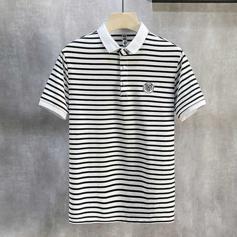 Summer New Oversized Men Embroidered Turn-down Collar Polo Shirts Mens Clothing All-match Striped T-Shirt Fashion Top Tee MaleX240920