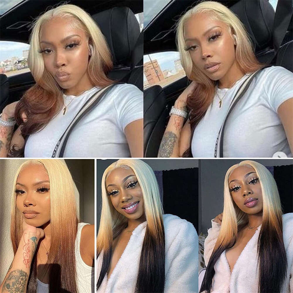 13X4 Ombre Colored Straight Brown Blonde 613 Roots With Black Ends Synthetic Glueless Lace Wig Cosplay Wigs