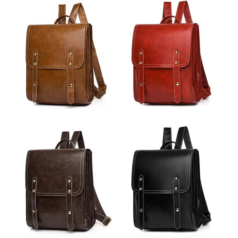 Pure leather backpack retro womens notebook bag brown synthetic leather backpack wallet weekend travel bag 240918