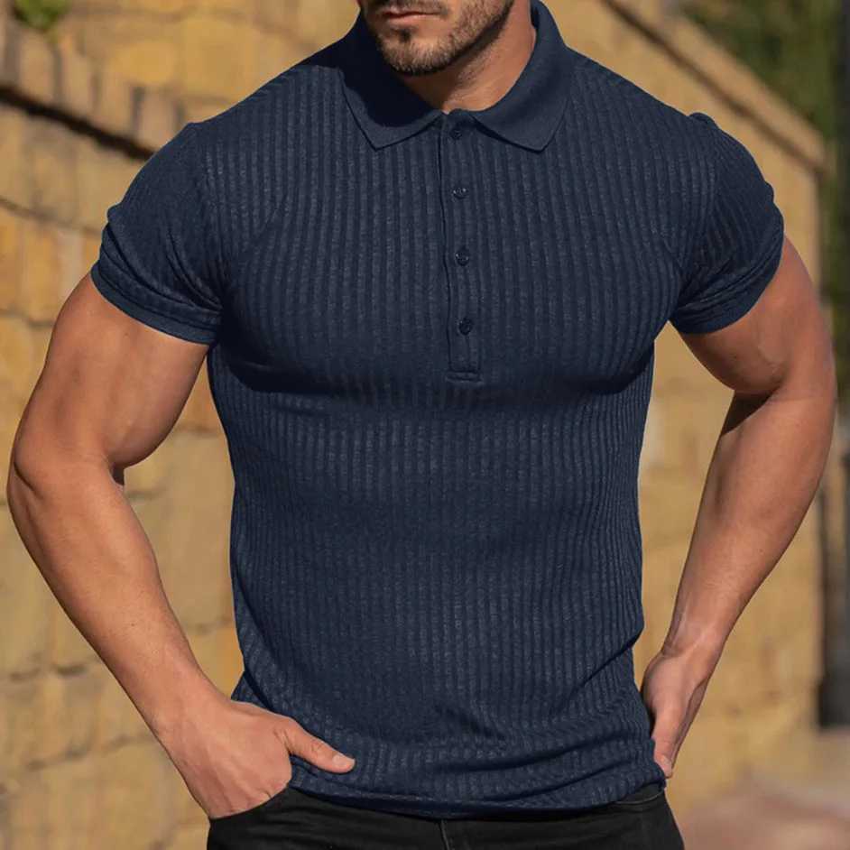 New Summer Mens Pole Solid Color Striped Fitness Short Sleeve Polo Shirt Mens Fashion Stand Collar Mens Shirt TextureXJ240920