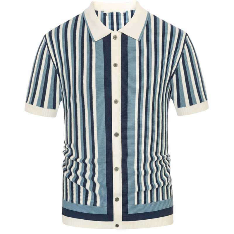 Summer Mens Light Luxury Button-down Leisure Knit Polo Shirt Popular Retro Short Sleeve Streetwear Fashion Patchwork KnitwearX240920