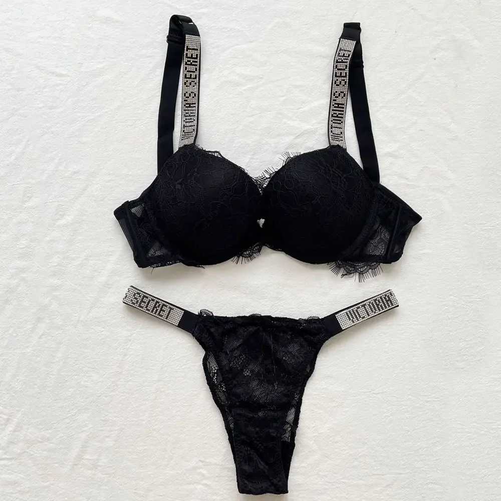 Bras Sets 2023 New VS Women Underwear Lingerie Set 2 Piece Push Up Bra and Panty Summer Lace Rhinestone Letter Brand Design Underwear Bras Y240920O5I9