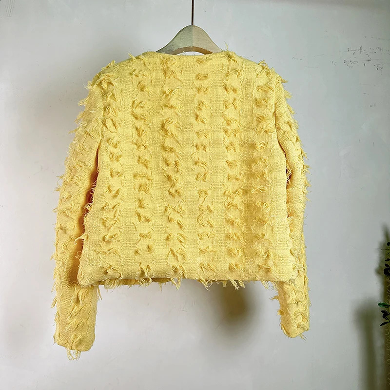 High Quality Autumn Winter Yellow Tweed Short Jacket Coat French Women Round Collar Single Breasted Tassel Woolen Outwear