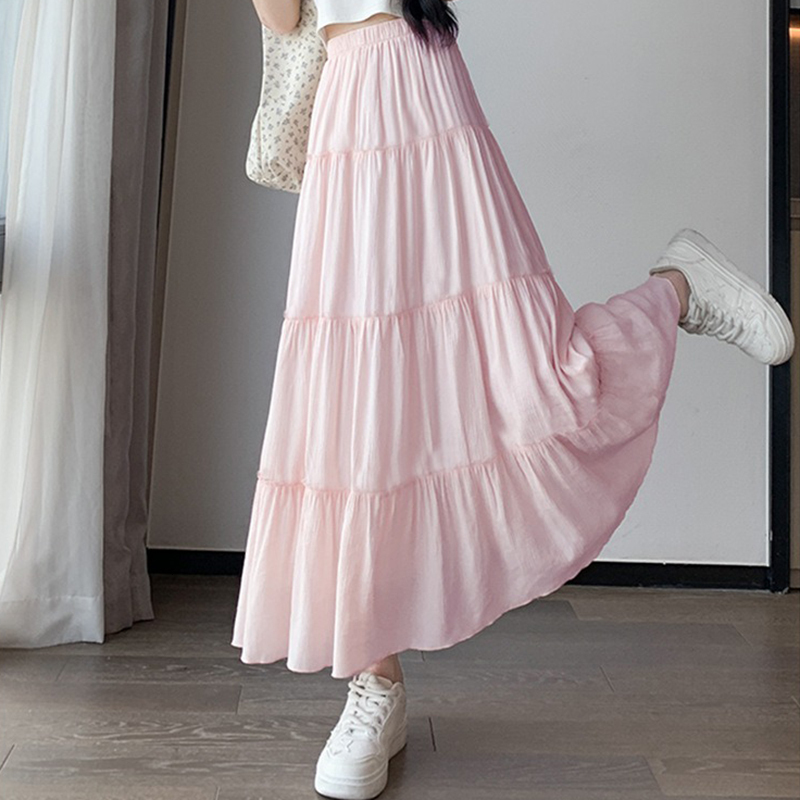 Summer Girls High Waist Korean Basics Sim Fit Skits Lady Pleated Long Skirts Woman Sweet White Pink Mori Girl Style A e Dress