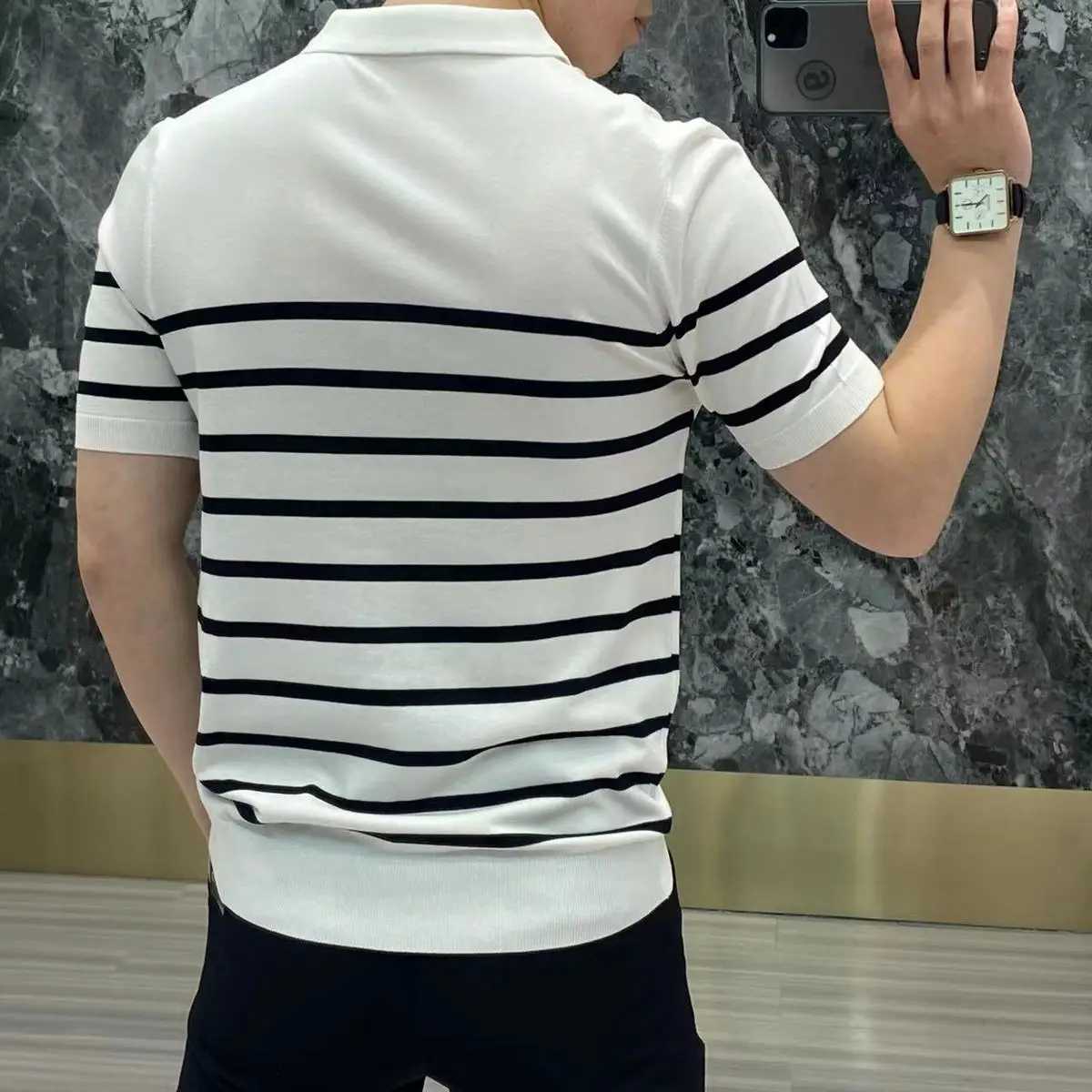 Korean Clothing Smart Casual Splicing Stripe Slim Polo Shirts Summer Men Knitted Streetwear Fashion Short Sleeve Versatile TopsX240920