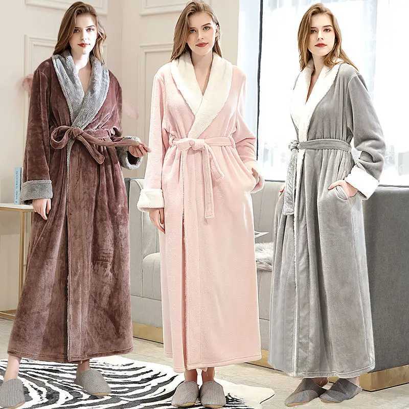 Flannel Fur Collar Mens Long Robe Sleepwear Autumn Winter Couple Bathrobe Nightwear Thick Coral Fleece Loungewear Home Clothes Y240919