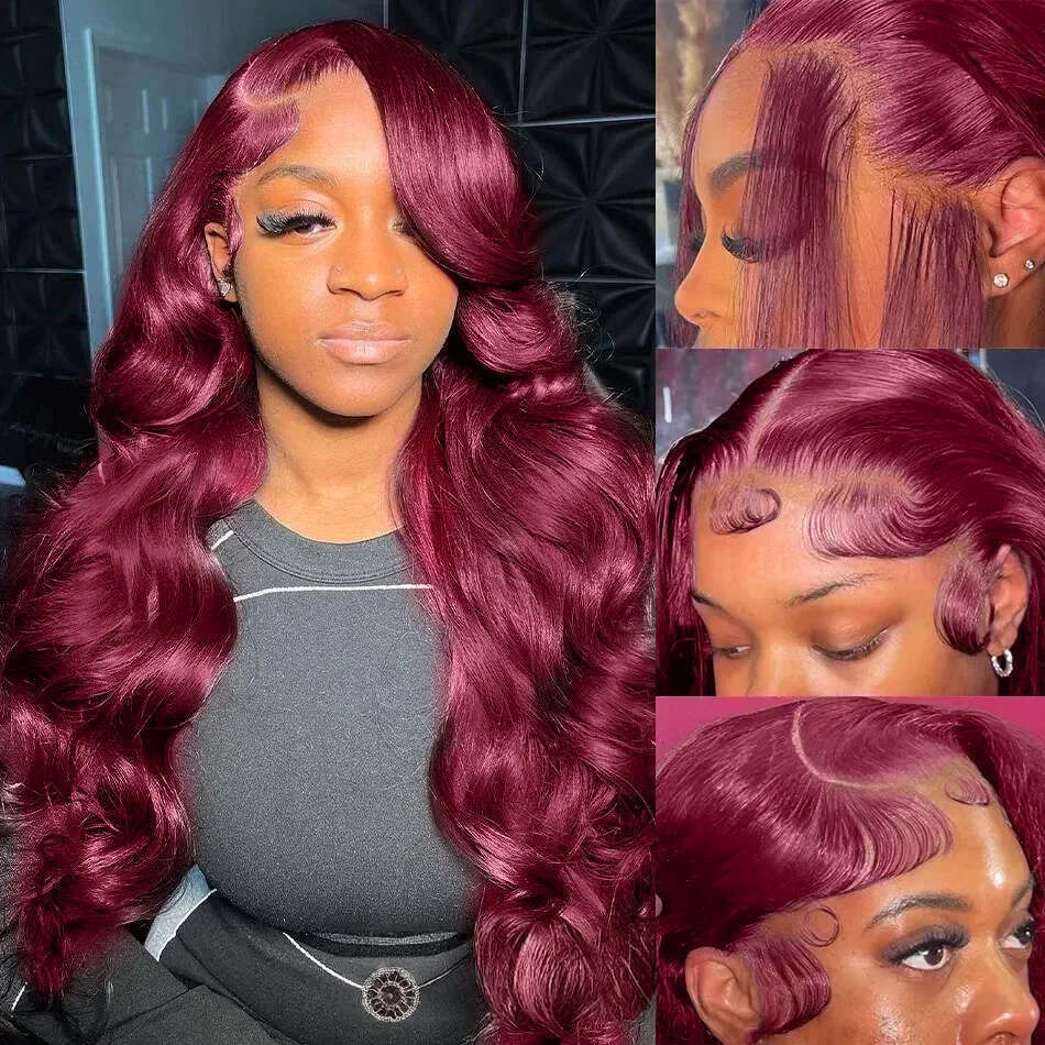 250 Density 99J Bury Body Wave HD 13x6 Frontal Wig 13x4 Human Hair 30 40 Inch Lace Front wig Wine Red Colored Brazilian