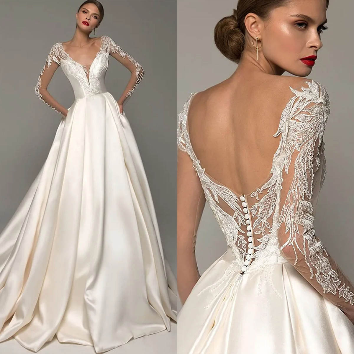 Elegant Wedding Dress For Women V Neck Long Sleeves Backless Bridal Gown Lace Appliques Sweep Train Dresses Custom Made Vestidos De Novia