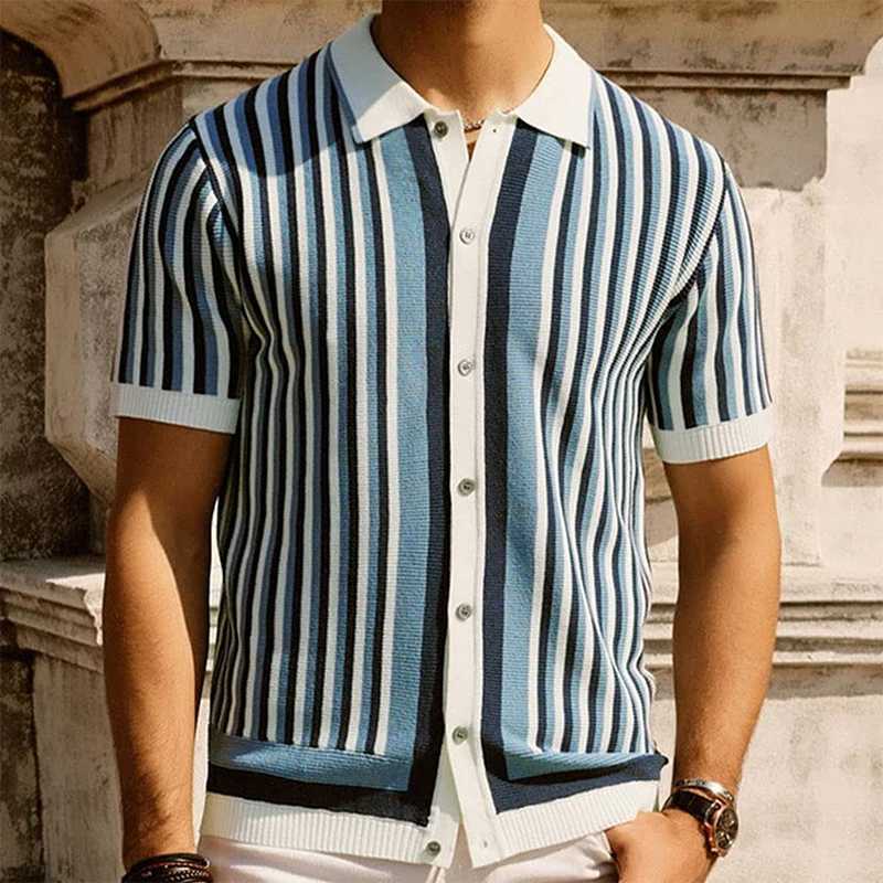 Summer Mens Light Luxury Button-down Leisure Knit Polo Shirt Popular Retro Short Sleeve Streetwear Fashion Patchwork KnitwearX240920