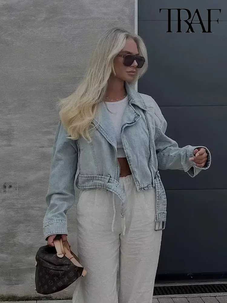Nlzgmsj TRAF Women 2024 Autumn Winter Denim Coat Lapel Long Sleeve Short Jackets Lady Chic Loose Streetwear Women JacketX240920