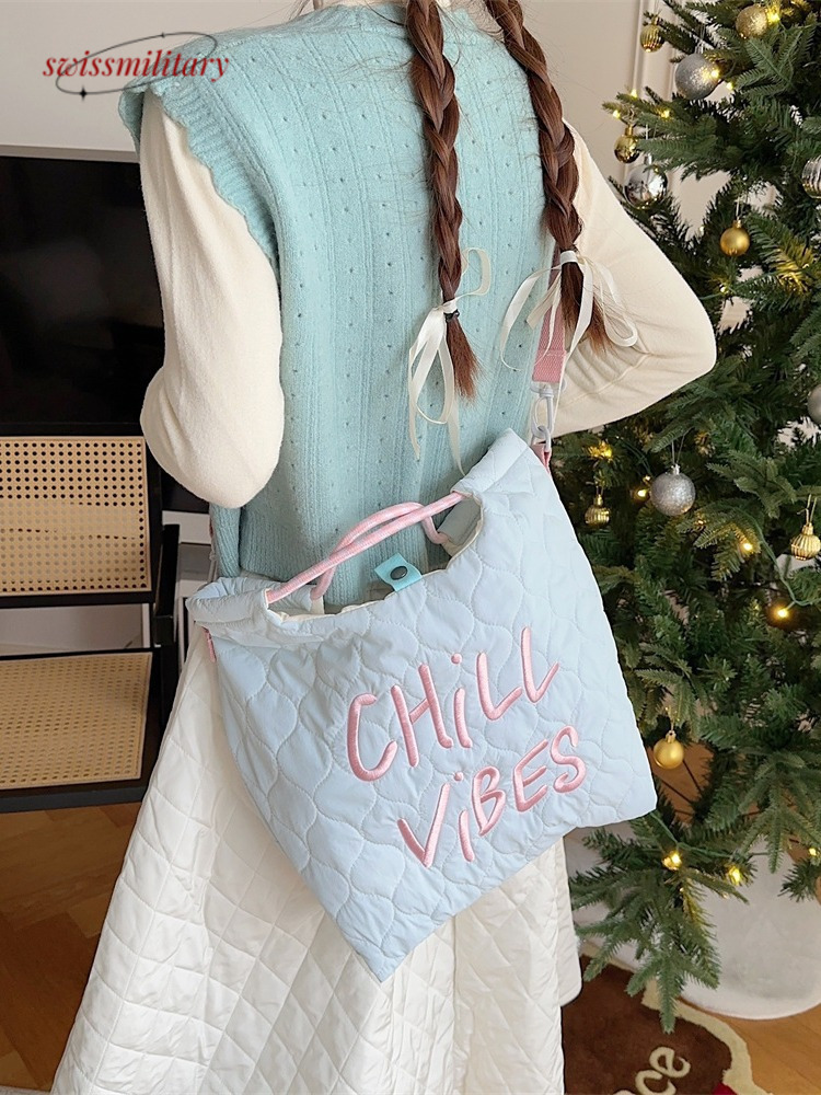 2024Autumn/Winter New Canvas Korean Edition Letter Embroidered Quilted Handbag Crossbody Bag Lightweight and Large Capacity #22 Swissmilitary