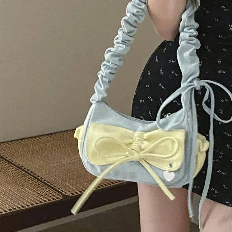 Xiuya Fashion pleated womens shoulder bag denim sweet bow cute casual handbag literature Korean ner handheld 240919
