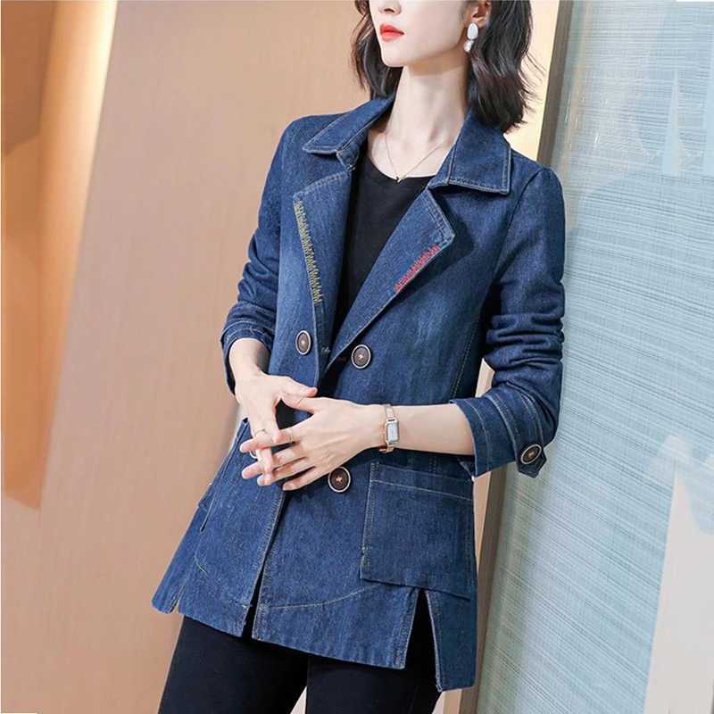 Denim Jacket Coat Women Double Breasted Full Sleeves Vintage Windbreaker Female Long Jean Jacket Outerwear Tops NewSpring AutumnX240920