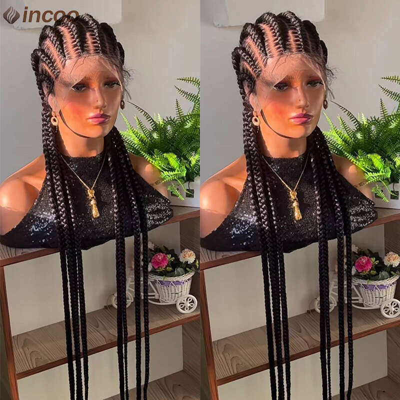 Incoo 36'' Synthetic Twist Braids Front Wig With Baby Full Lace Frontal Cornrow Afro Black Dutch Braided Wigs