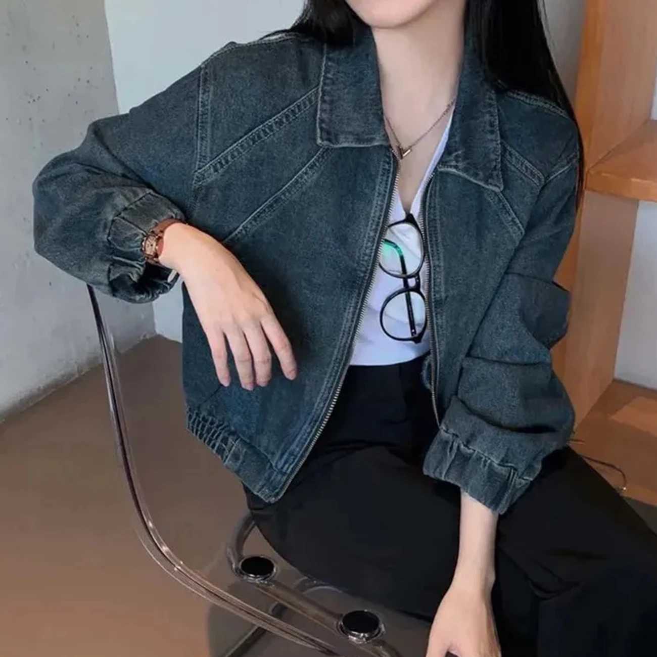 AI.Fashion Lapel Denim Jackets Women Zipper Long Sleeve Coats Women Elegant Streetwear Elastic Hem Jackets Female LadiesX240920