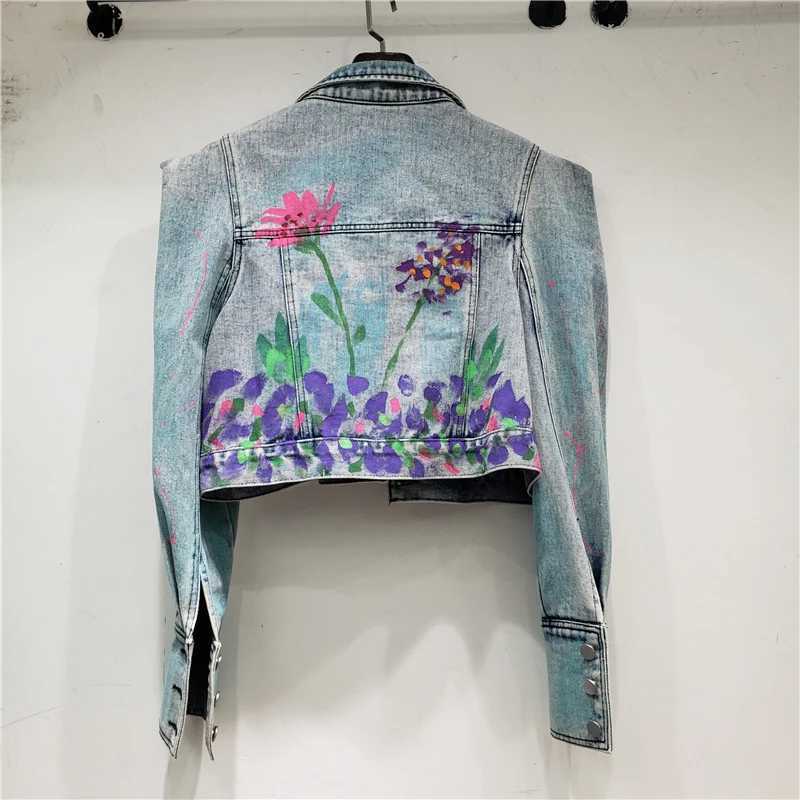 Streetwear Fashion Hand-painted Flower Graffiti Printing Short Denim Jacket Spring Autumn Women Lapel Long Sleeve Jeans JacketX240920