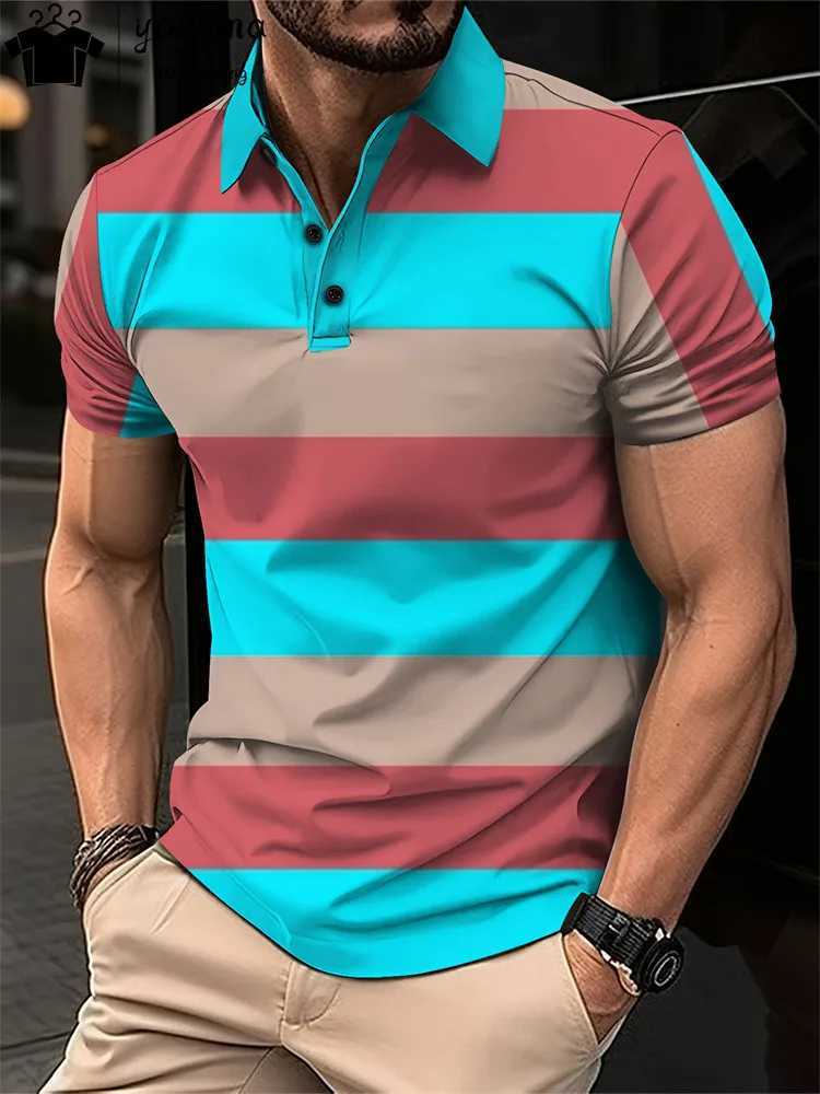 Mens Summer Short Clothes Sleeved Lapel 3d Printed T-Shirt Digital Striped Polo Shirt Mens Business Casual Fashion Top ClothesX240920