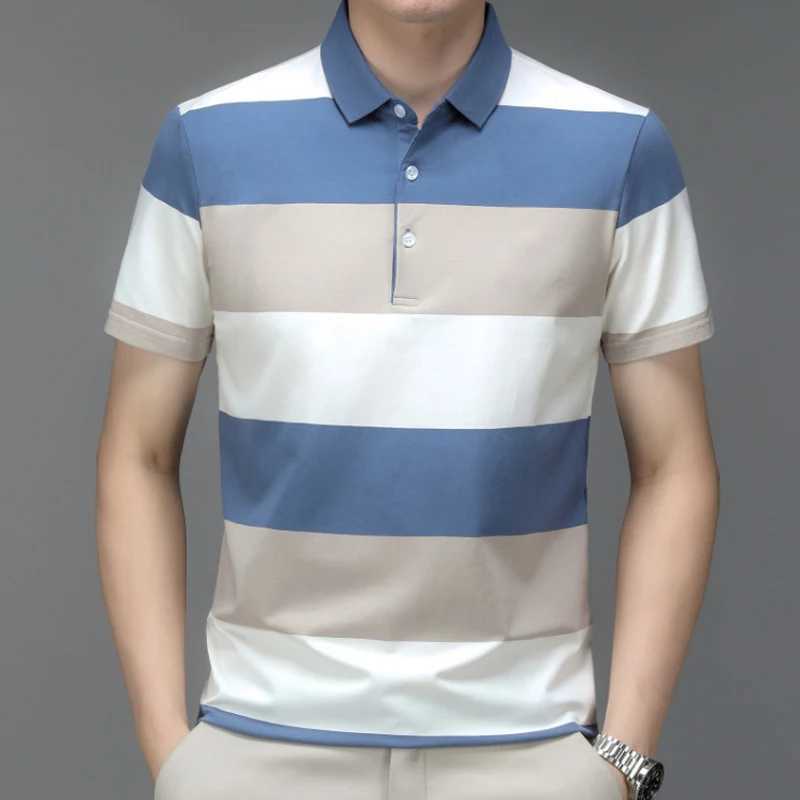 Mens Polo T Shirt Business Casual Simple Stripes Print Summer Short-Sleeve Polo Shirt Fashion Street Wear Oversized ClothesX240920