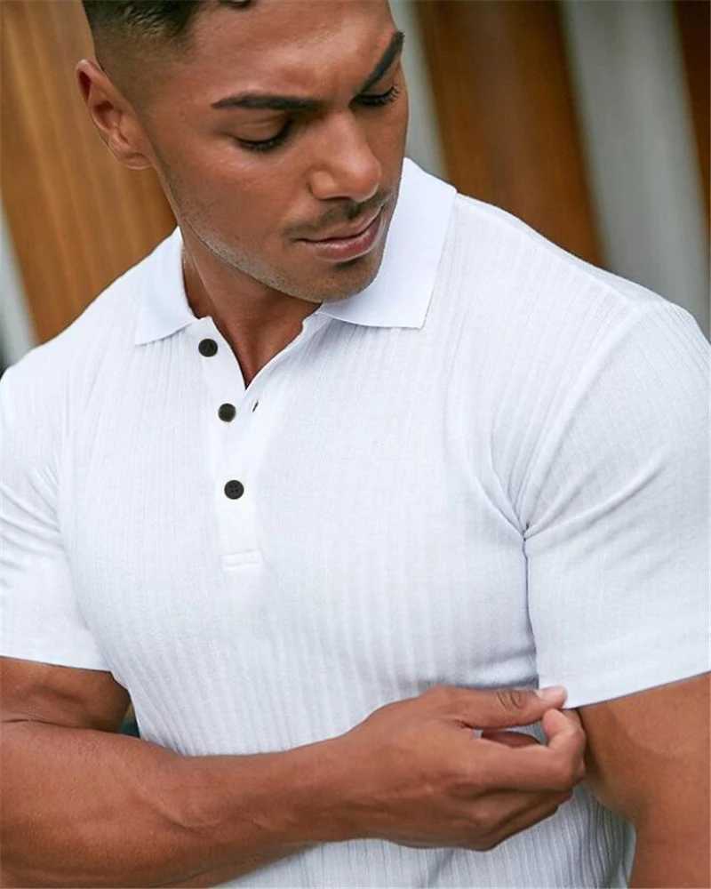 Men Short Sleeve Knitted Polo Shirt Fitness Slim Fit Black Strips Polo T-shirt Male Brand Gym Tees Tops Summer Fashion ClothingX240920