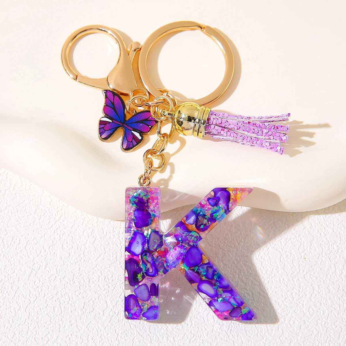 Alphabet Initial Keychain With Purple Charm And Tassel Resin Letter Pendant Alloy Lobster Clasp Womens Backpack AccessoryX240919