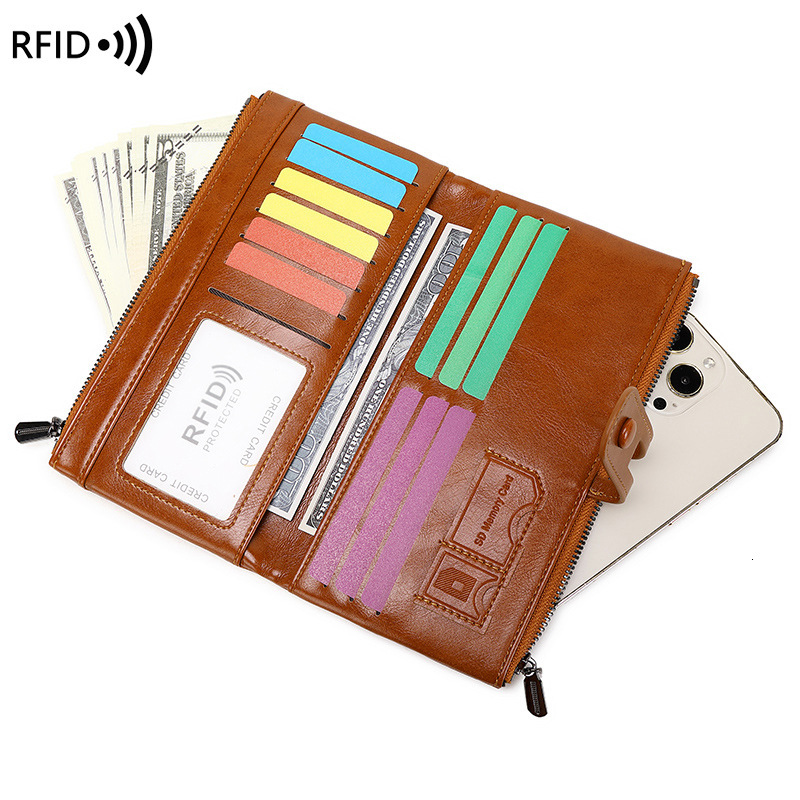 2024 New Anti Magnetic Money Clip Oil Wax Leather Handheld Bag Multi functional Women's Long Wallet
