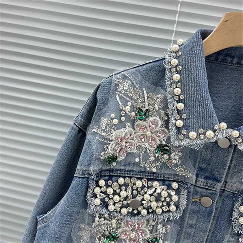 Blue Casual Short Denim Jacket Fashion Pearl Beaded Sequin Flowers Spring Women Loose Korean Lapel Long Sleeve Jeans Jacket CoatX240920