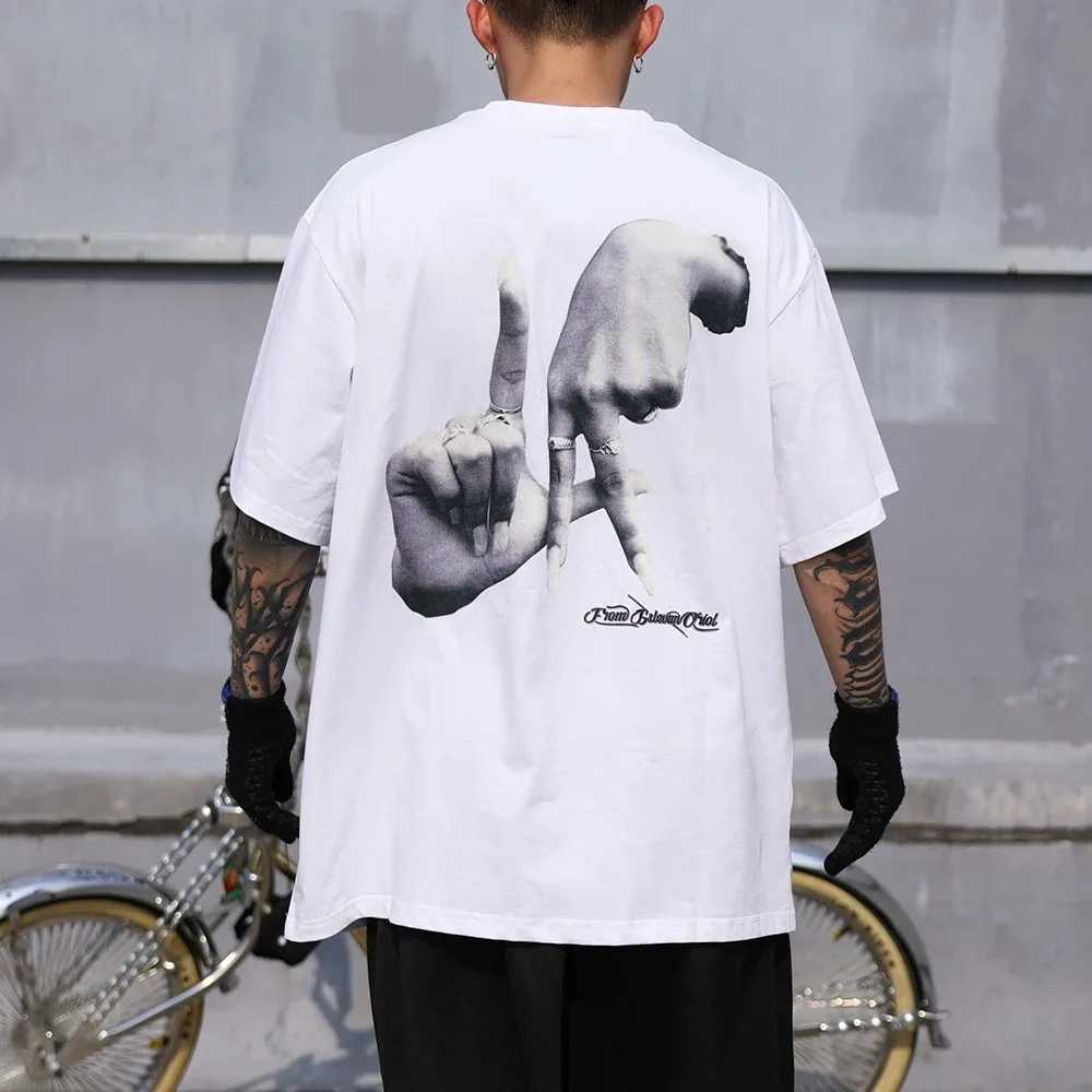 Handmade finger cross print white summer black Y2K mens and womens short sleeved T-shirt CL240913