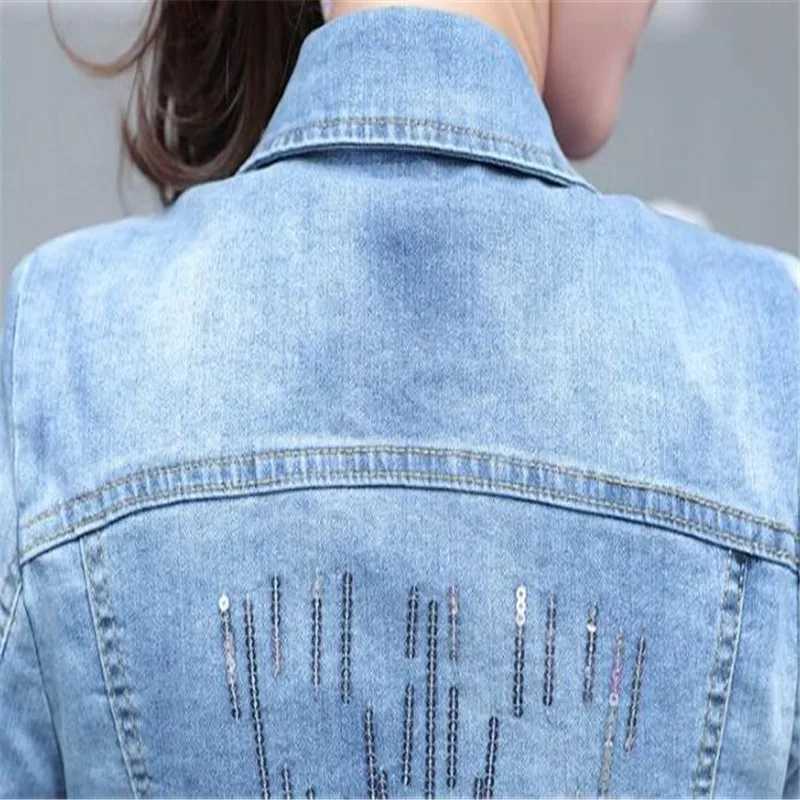 New 2023 Summer Autumn Denim Jacket Women Three Quarter Slim Cotton Light Washed Short Jeans Jacket CoatsX240920