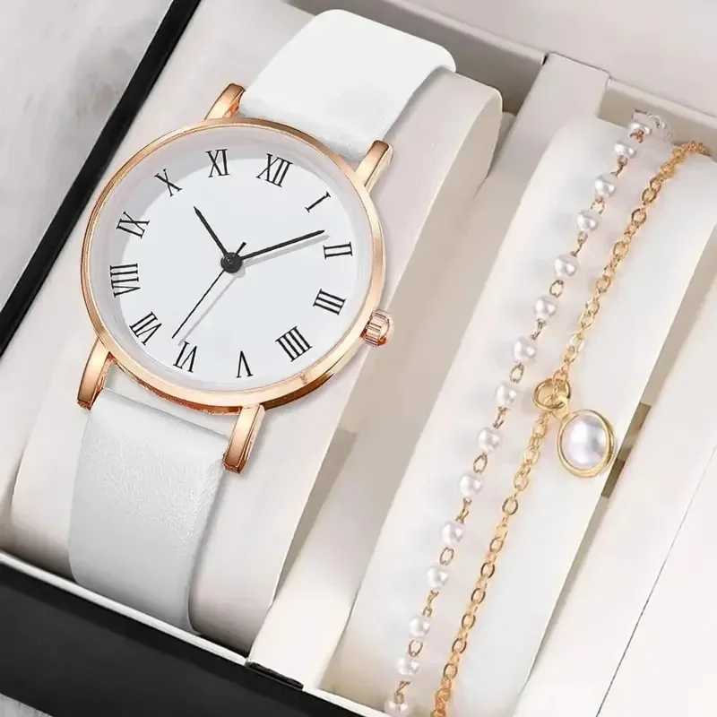 2/1Pcs Fashion Women Leather Strap Quartz Watch Elegant Pearl Bracelet Fashion Wristwatch Casual Ladies Watches Bracelet SetX240920