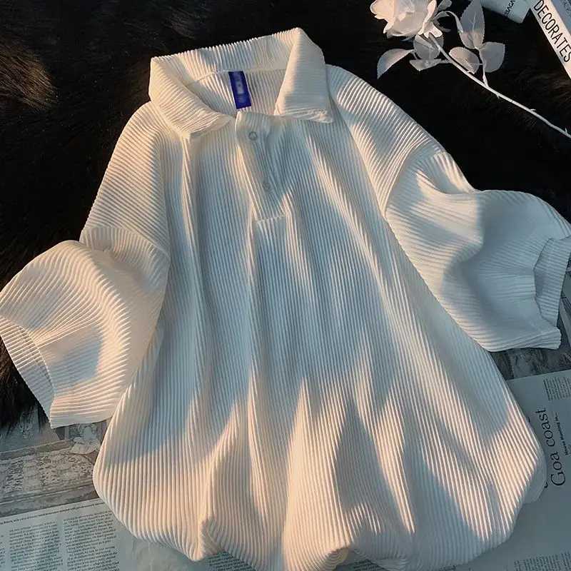 Mens and Womens Ice Silk Loose Polo Neck Summer New Short Sleeve Solid Color Striped T Shirt Tops Casual Trend Men ClothingX240920