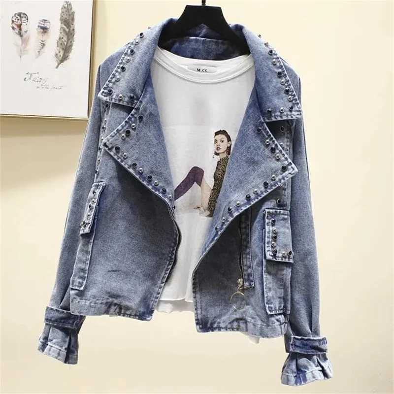 Spring Autumn New Women Korean Loose BF Student Hong Kong Wind Beaded Suit Collar Retro Denim Jacket Womens Jacket TideX240920