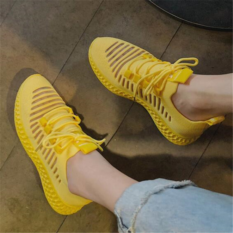 New 2023 Casual Fashion Breathable Walking New Mesh Lace Up Flat Sneakers Women Yellow Vulcanized Shoes cf5d