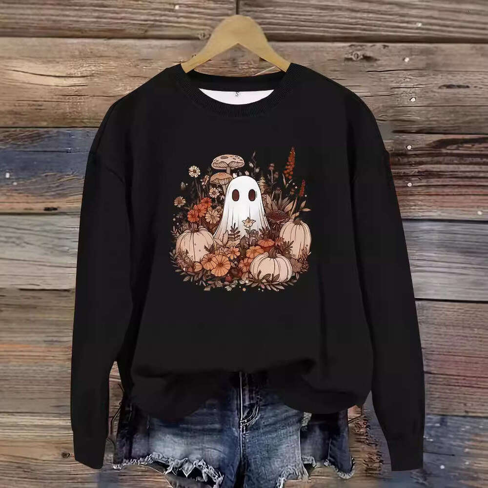 Hallowmas Autumn and Winter Womens Casual Long Sleeved Round Neck Cartoon Ghost Print Pullover Sweatshirt Hoodie Defined Jacket Jackets Womens Autumn 