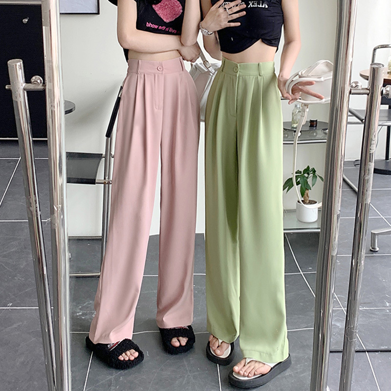 2026 Women Straight Silk Satin Suit Pants Lady Baggy Office High Waisted Trousers Female Elastic Wide Leg Blue Pink Green Slac