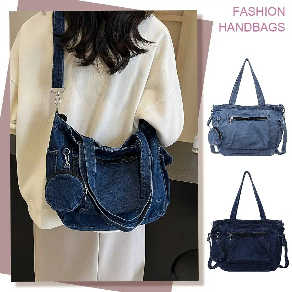 Womens denim shoulder bag with small wallet vintage fabric cross body large capacity travel messenger womens commuting 240919