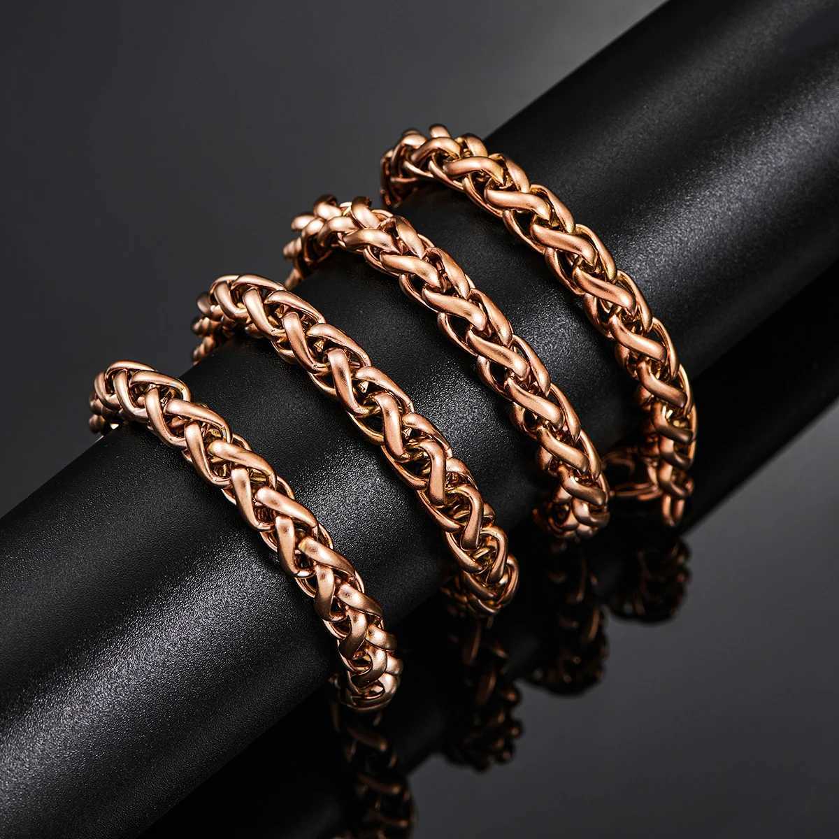 3mm/4mm/5mm/6mm/7mm Rose Gold Color Stainless Steel Wheat Braided Necklace Link Classic Curb Chain for Men Women JewelryX240919