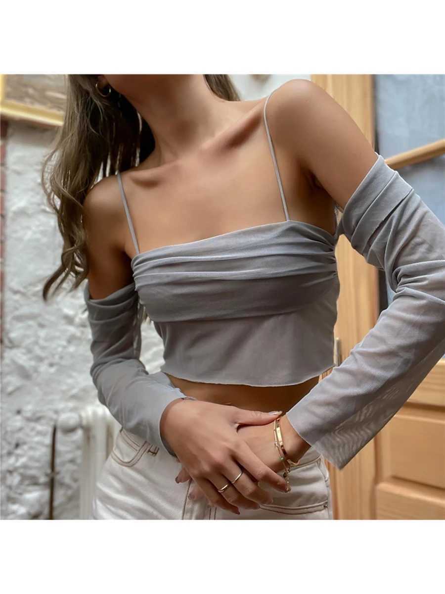 Mesh Sheer Off Shoulder s Crop Tops Sexy Women Long Sleeve Slash Y2K Clubwear T-shirts M240920