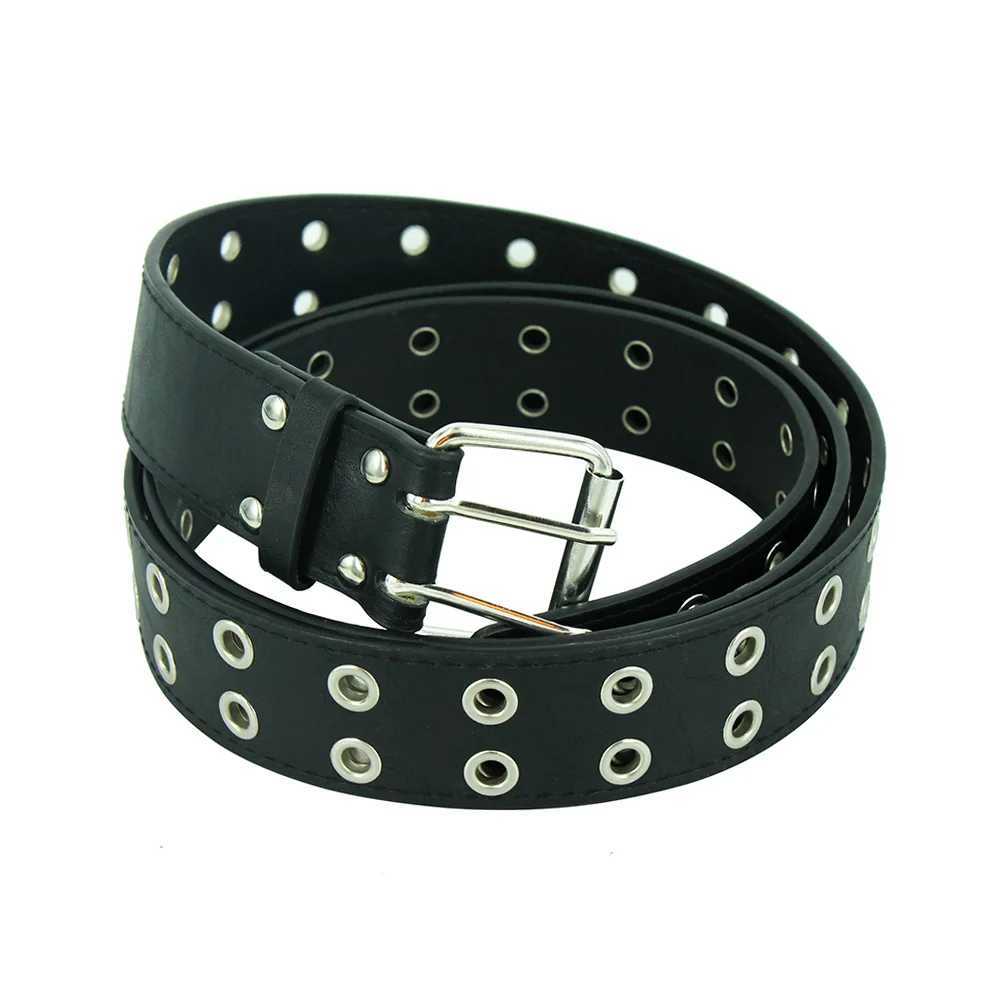 Fashion womens punk chain strap adjustable black double hole eye loop metal buckle leather mens jeans belt W240920