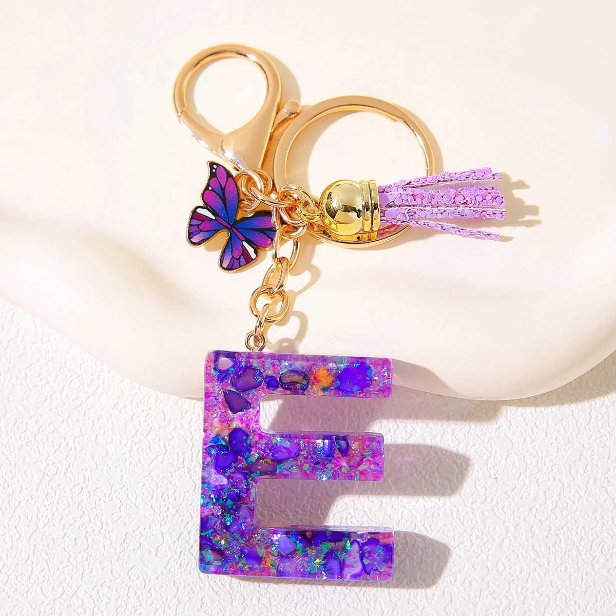 Alphabet Initial Keychain With Purple Charm And Tassel Resin Letter Pendant Alloy Lobster Clasp Womens Backpack AccessoryX240919