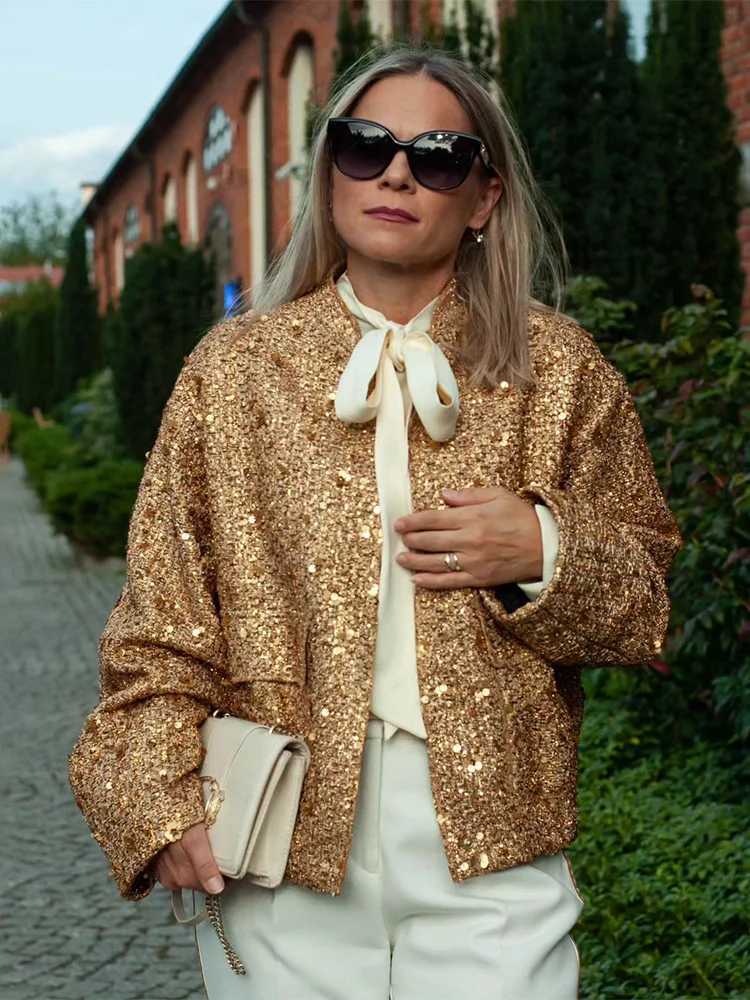 HH TRAF Autumn Sequins Golden Loose Jacket for Women Sparkle Long Sleeve Casual Bomber Jacket with Pockets Female Fashion CoatsX240920